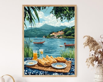 Teotihuacán Picnic Art Print, Mexican Pyramid Scene, Aztec