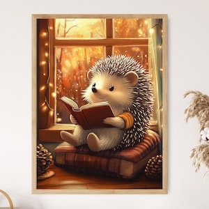 Gemütlicher Igel Kunstdruck, skurrile Herbsttier Illustration, süsse Kinderzimmer Wandkunst