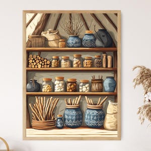 Könnte beinhalten: Ein gerahmter Druck eines Holzregals, das mit verschiedenen Gläsern, Behältern und dekorativen Gegenständen gefüllt ist. Das Regal enthält Gläser mit Korkdeckeln, blau gemusterte Vasen und einen Korb mit Brotstangen. Die Farbpalette ist warm, mit Erdtönen und einer rustikalen Ästhetik.