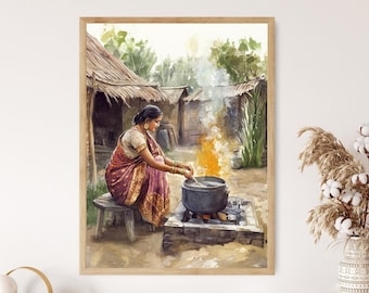 Bengali Woman Cooking Print, Village Wall Decor