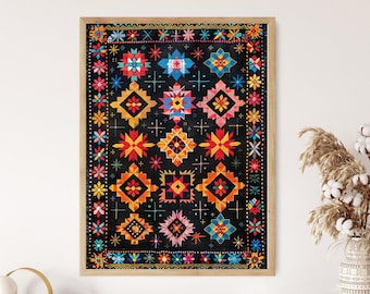 Intricate Bulgarian Embroidery Pattern Art, Geometric Shapes Print, Vibrant Folk Motifs Artwork