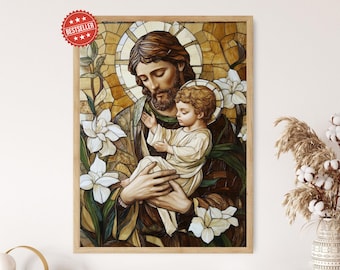 Saint Joseph and Child Jesus Stained Fine Art Print, Christian Religious Decor, Sacred Family Illustration