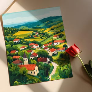 May include: A colorful illustration of a small village nestled in a green valley. The village is surrounded by rolling hills and a blue sky. The houses are painted in various shades of red, yellow, and blue. There is a church steeple in the center of the village.