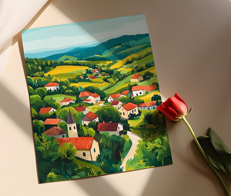 May include: A colorful illustration of a small village nestled in a green valley. The village is surrounded by rolling hills and a blue sky. The houses are painted in various shades of red, yellow, and blue. There is a church steeple in the center of the village.