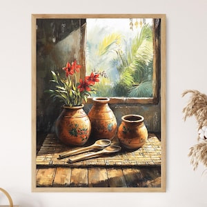 May include: A still life painting of three brown pottery vases with floral designs, filled with red flowers, on a wooden table with a woven mat. The vases are in front of a window with a view of green foliage.