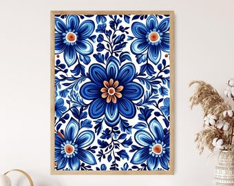 ウォールアート Tuscan/Navy 花柄 フローラル ゲルコート　Ⓣ Navy Blue Talavera Floral Pattern Art Print, Mexican Tile Inspired