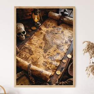 Impressão de mapa do tesouro de piratas - Mapa pirata vintage para brincadeiras de aventura, presente de aniversário exclusivo para crianças