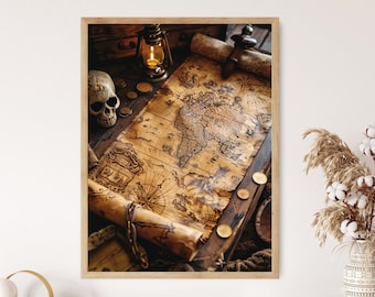 Pirates Treasure Map Print - Vintage Pirate Map for Adventure Play, Unique Birthday Gift for Kids