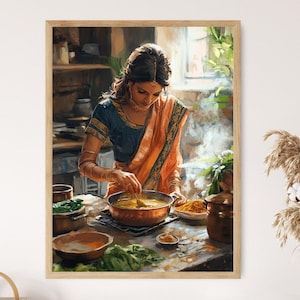 May include: A woman wearing a blue and orange sari stirs a pot of yellow curry in a kitchen. The kitchen is decorated with traditional Indian decor.