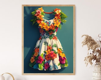 Hawaiian Muʻumuʻu Dress Art Print: Island Lei Garland, Polynesian Decor