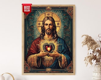 Sacred Heart of Jesus Icon, Byzantine Catholic Art, Christian Devotional Print