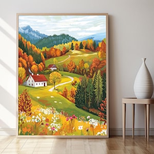 Österreichische Landschaft Kunstdruck, Herbst Landschaft und Bauernhaus