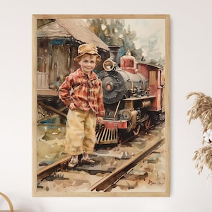 Victorian Boy Posing with his Toy Train – Charming Maud Humphrey Style Art