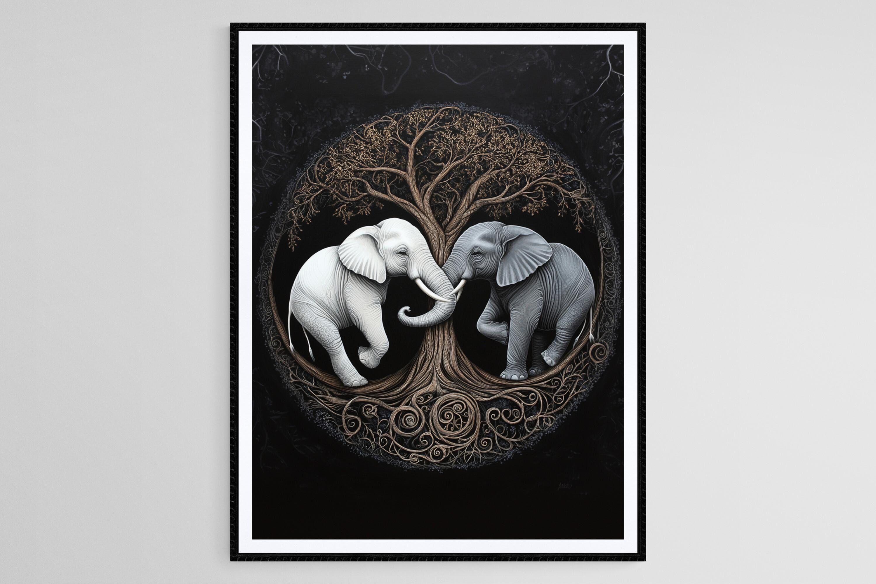 Yin Yang Elephant Tree Art Print: Symbolic Balance Wall Decor - Etsy