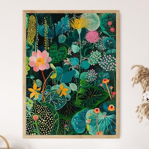 May include: A framed botanical print featuring a vibrant, colorful illustration of lush foliage and flowers. The artwork showcases a variety of plants in shades of green, teal, yellow, pink, and orange, creating a lively and detailed composition.
