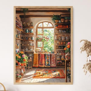 Könnte beinhalten: Ein Gemälde, das das Innere eines Ladens zeigt, mit Regalen, die mit bunten Töpferwaren gefüllt sind, und einem Fenster mit Blick auf einen üppigen grünen Garten. Der Laden hat eine rustikale Holzdecke und einen bunten Teppich auf dem Boden.