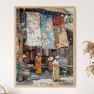 Impresión artística de Yogyakarta, escena de vendedor de telas batik, decoración de pared, regalo único de Indonesia