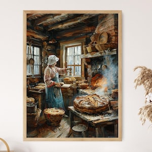 May include: A framed print of a rustic kitchen scene. A person in a white bonnet and apron is baking bread near a wood-fired oven. Baskets of bread and baked goods are visible, with a large loaf in the foreground. The scene is warm and inviting.