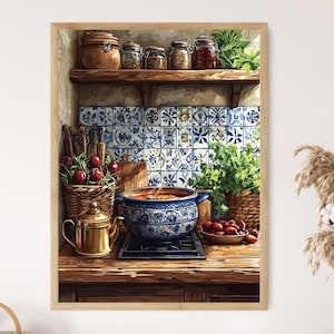 Moroccan Rustic Kitchen Art Print, Traditional Tagine Cooking, Zellige Tile Decor