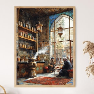 May include: A framed watercolor painting depicts an interior scene of a Middle Eastern cafe. The room features shelves of jars, a samovar, and people seated at a table. The color palette includes warm browns, reds, and blues, with a large window.