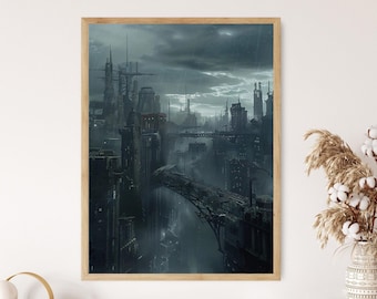 Dystopische kunstdruk: futuristische post-apocalyptische illustratie