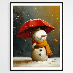 Muñeco de nieve con paraguas arte impresión, arte del dormitorio de los niños, regalo entusiasta de la diversión