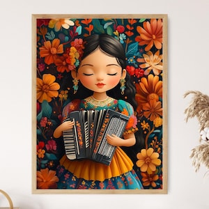 May include: A colorful illustration of a girl with dark hair and a floral dress playing a black accordion. The background is a vibrant floral pattern.