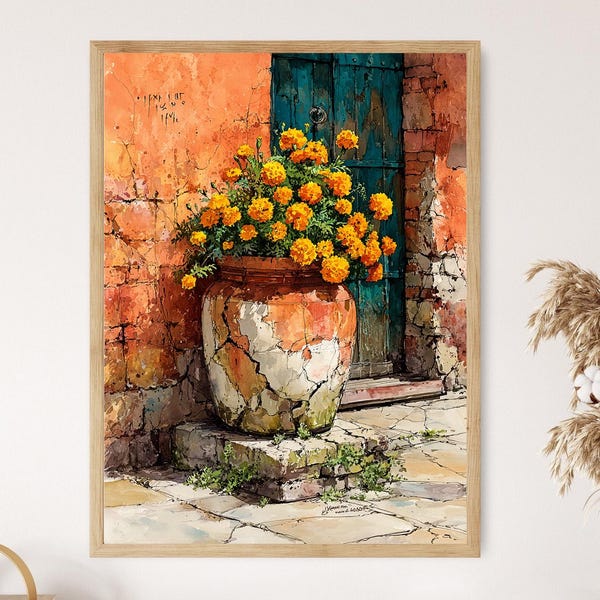 Mexican Courtyard Watercolor Art Print: Marigold & Herb Garden