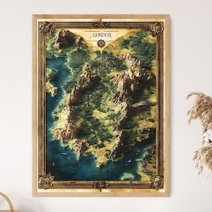 Topografische kaart van Gondor, fantasierijk terrein, Midden-aarde landschapskunstdruk