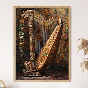 May include: A detailed painting of a golden harp with intricate carvings and colorful accents. The harp is set against a floral patterned background, creating a vintage aesthetic. The artwork is framed in a wooden frame.