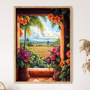 May include: A framed art print depicts a vibrant outdoor scene. The artwork showcases a view through an archway, with orange flowers and palm fronds framing a field and distant landscape. Lush pink flowers are in decorative pots.