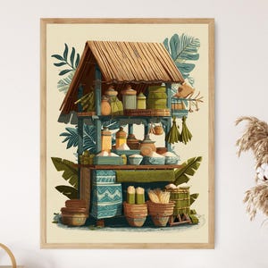 May include: A framed illustration of a tropical market stall. The stall has a thatched roof, shelves with jars, bowls, and baskets. Green and blue accents are used, with tropical foliage in the background. A wooden frame surrounds the image.