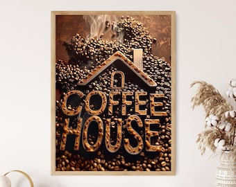 Coffee House Art Print: Modern Cafe Illustration, Rustic Kitchen Decor