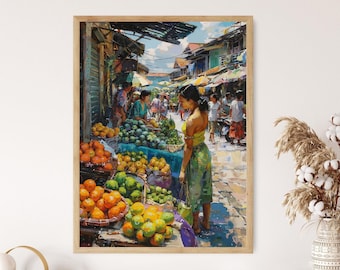 May include: A painting of a bustling outdoor market in Southeast Asia. A woman in a green dress stands near a table overflowing with fresh fruit, including oranges, limes, and mangoes. The scene is vibrant and colorful, capturing the energy of a busy marketplace.
