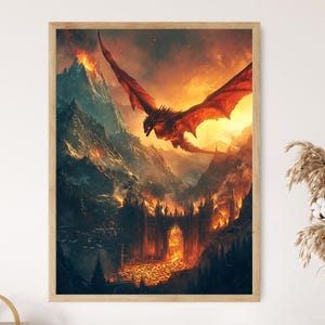 Smaug Over Erebor, Dragon of the Lonely Mountain, Middle-earth Fantasy Art Print