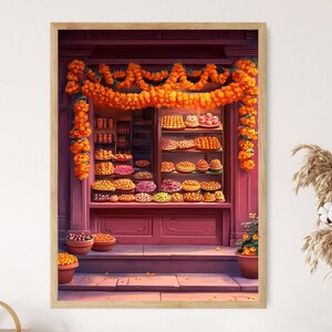 May include: A framed print depicting a shop front laden with colourful sweets. The shop is adorned with orange garlands. Shelves and bowls display a variety of sweets. The shop features a red door and steps leading up to the entrance.