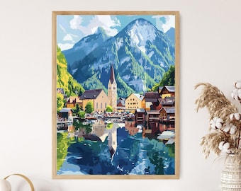 Hallstatt Alpine Village Art Print, Austria Lakeside Town