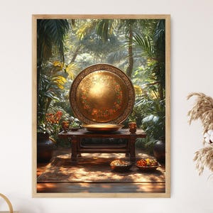 Indonesian Gamelan Gong Art Print, Brass Artifact Decor Poster, Traditional Music Illustration