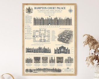 Hampton Court Palace Blueprint, English Tudor Palace Wall Art, Historic Architecture Poster