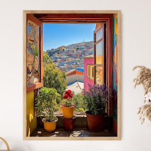 Valparaíso Chile Fensteransicht, Hügel und Wandbilder Kunstdruck