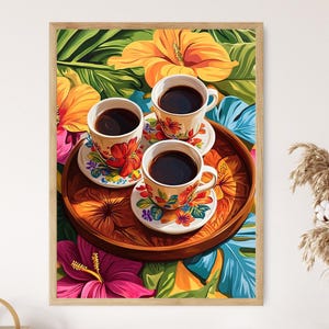 Puerto Ricaans koffieblad met Flor de Maga-kunstprint, poster traditionele keuken