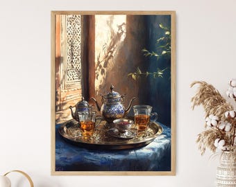 May include: A still life painting of a silver teapot, two teacups, and a small bowl filled with a red liquid. The teapot and cups are decorated with blue and white floral patterns. The scene is set on a table with a blue tablecloth and a silver tray.
