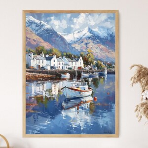 May include: A painting of a small village nestled in a valley with snow-capped mountains in the background. A white boat with a red stripe is docked in the water in front of the village. The water is calm and reflects the sky and mountains.