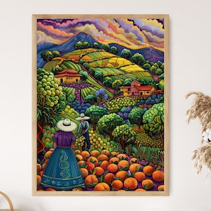 May include: A framed print of a colourful rural scene. The artwork shows rolling hills, orchards, and houses under a dramatic sky. Figures in traditional dress are harvesting fruit. The colour palette includes oranges, greens, purples, and yellows. The print is in a wooden frame.