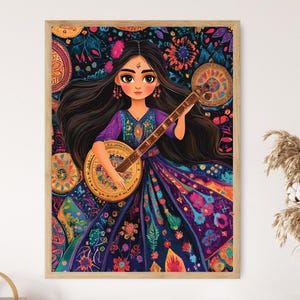 May include: A colourful illustration of a woman playing a sitar. She is wearing a purple and blue dress with intricate floral patterns. The background is a dark blue with colourful flowers and swirls.