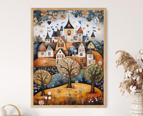Whimsical German Village Art Print, Naive Folk Art Decor