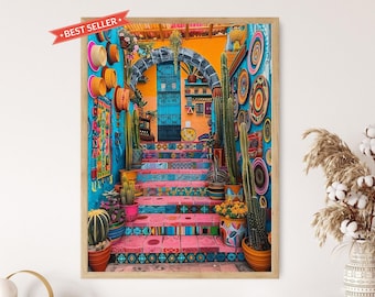 Exquisite mexikanische Dorfszene, Kunstdruck für Wandakzent, dekoratives Stück für die Ästhetik zu Hause, Geschenk für Kunstliebhaber