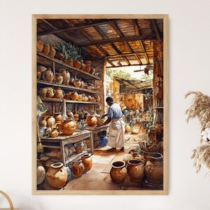 Peut inclure: Une peinture à l'aquarelle d'un atelier de poterie avec une personne travaillant sur de la poterie. L'atelier est rempli d'étagères de poterie de formes et de tailles variées. La personne porte une chemise blanche et utilise un outil pour façonner l'argile.