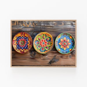 Mexican Cocina Art Print, Colorful Rustic Kitchen Wall Decor, Traditional Clay Plates Poster, Latin American Home, Mexican Restaurant Art