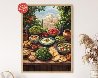 Lebanese Mezze Table Art Print, Traditional Cuisine Decor Poster, Mediterranean Food Art, Colorful Dishes, Cultural Heritage Wall Decor